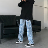 Men Jeans Straight Wide-Leg Pants Casual Loose Hip Hop Washed Denim Trousers